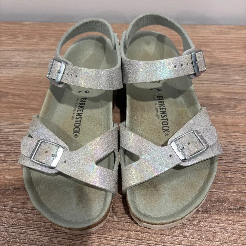 Birkenstock Rio Iridescent Sandals Kids Silver 32 Buckle Strap Cork Footbed